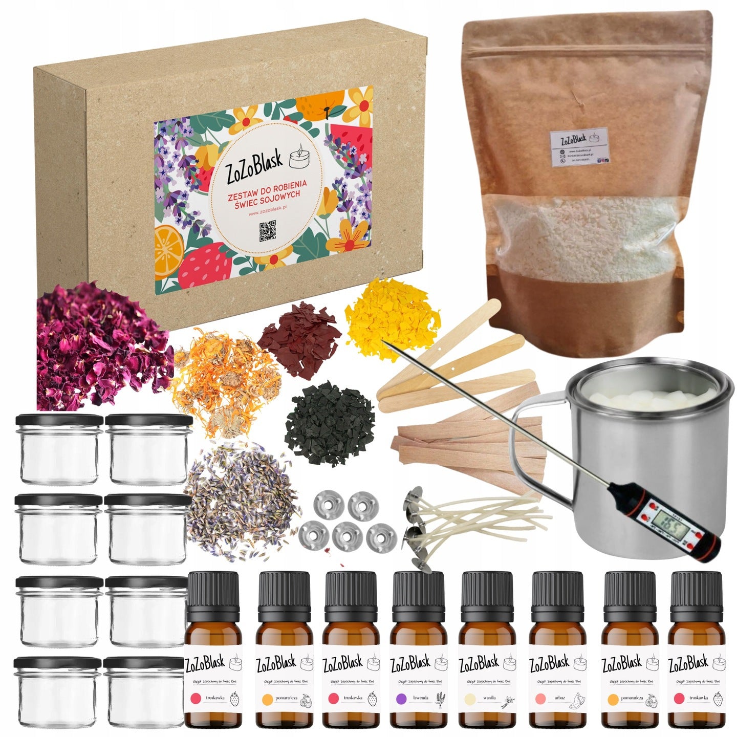 Kit para Hacer Velas de Soja para Niños – Set de Regalo para Fiestas con 8 Velas de Cera de Soja ZoZoBlask con Mechas de Algodón, Tintes de Madera, Fundidor, Aceites Esenciales y Tarros para Velas