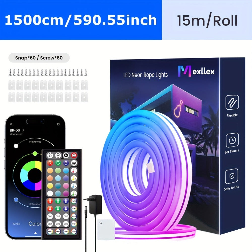 Tira de LED Neon RGB Inteligente Mejorada de Mexllex con Control por App/Control Remoto, Varios Modos, Funciones de Temporizador y Sincronización de Música para Gaming y Decoración de Habitaciones