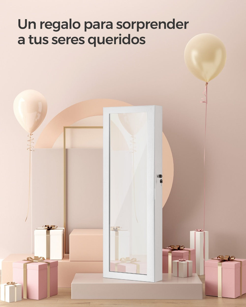 Armario Joyero Con Espejo, Joyero Para Pared O Puerta, Con Cerradura, 2 Cajones, 10 X 37 X 120 Cm, organizador pulseras collares pendientes anillos, diseño moderno accesorios joyas decoración dormitorio elegante, Regalos de Festivos, Regalos de Navidad