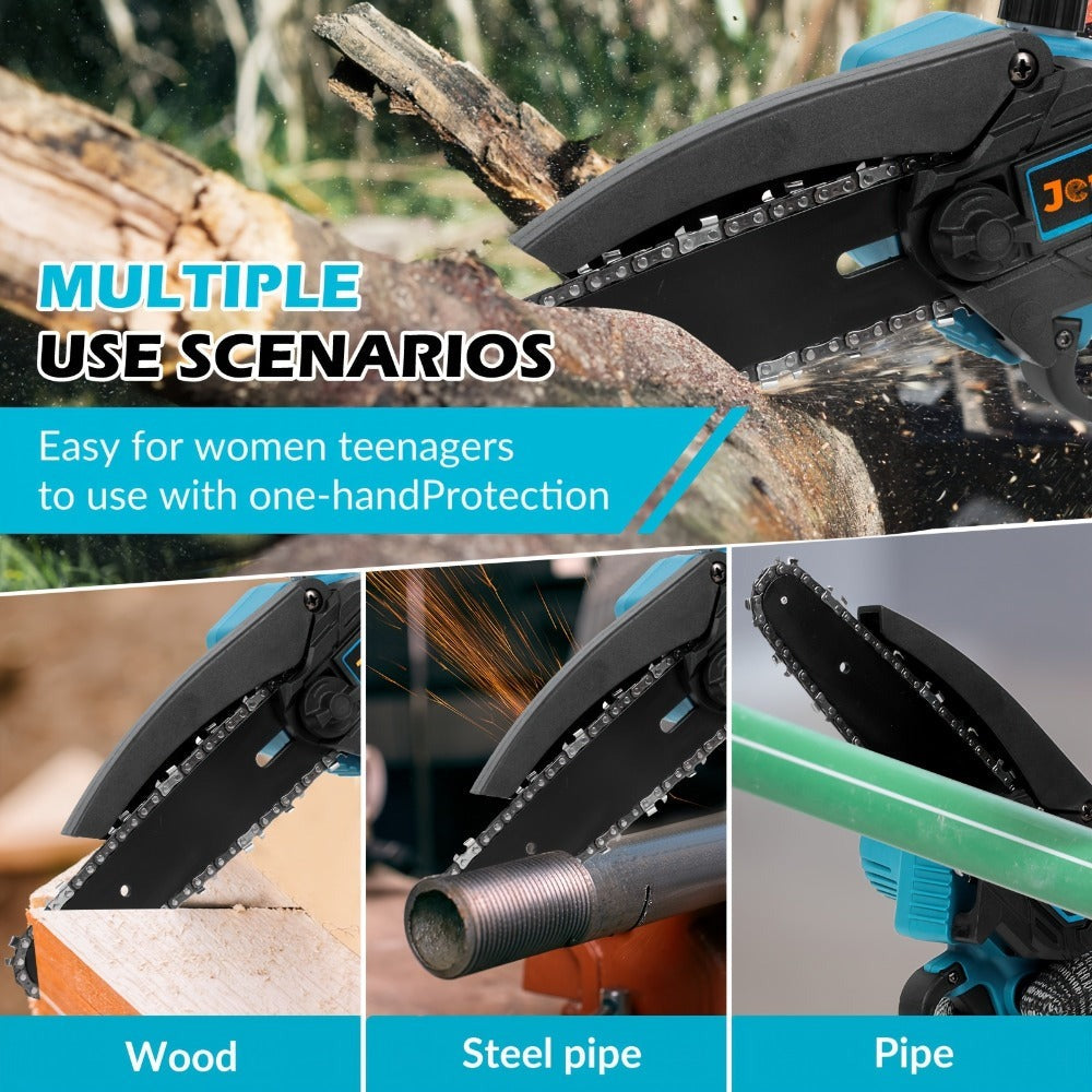 Motosierra Mini de 6 pulgadas Jemi Tool con Sistema de Lubricación Automática, Equipada con una Batería de 1/2 * 1.5Ah y una Cadena de 1/2, Ideal para Cortar Madera, Recortar Ramas y Podar Jardines