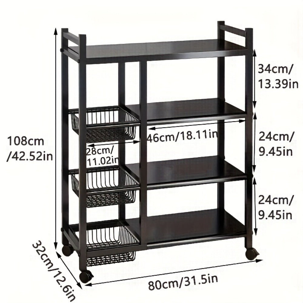 1pc Estante Rodante Ajustable de 4 Niveles con 3 Cestas de Alambre y Estructura Independiente - Unidad de Almacenamiento Móvil Ideal para Garaje, Despensa, Baño, Organizador de Armario, Ahorro de Espacio, Regalo para Hogar Nuevo, Estructura de Metal Pinta