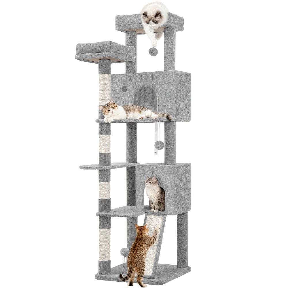 Fobyfurny Árbol para Gatos, Torre de 178cm para Gatos de Interior, Marco de Escalada para Gatos de Múltiples Niveles con Postes Rascadores, Tabla Rascadora, 2 Condominios Cómodos, 2 Perchas, Pompones, Lugar de Descanso