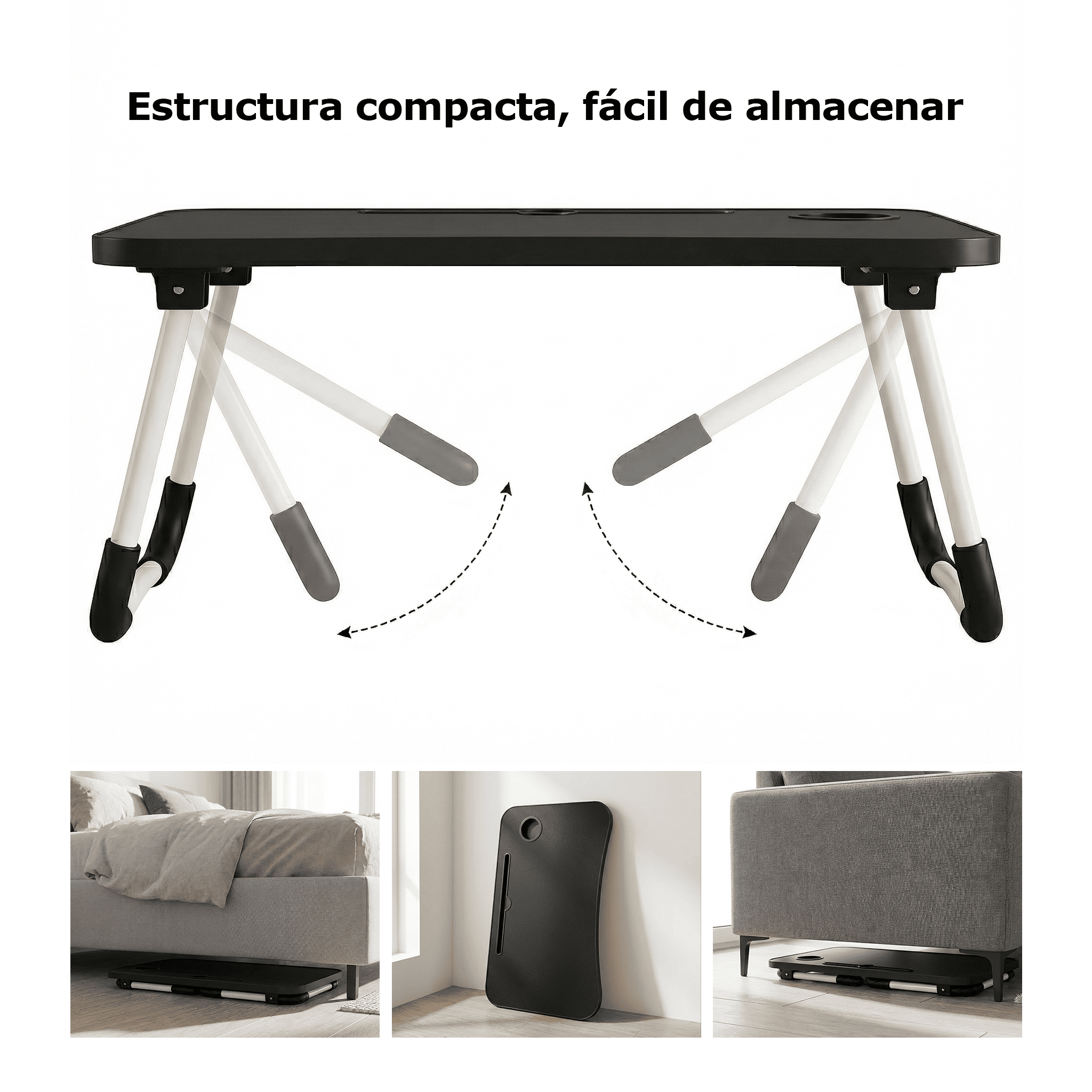 Mesa plegable para cama y sofá con portavasos, mesa auxiliar multifunción con atril para leer en la cama, bandeja multifunción para ordenador, libros, trabajo y estudio en casa (50x30x22cm)