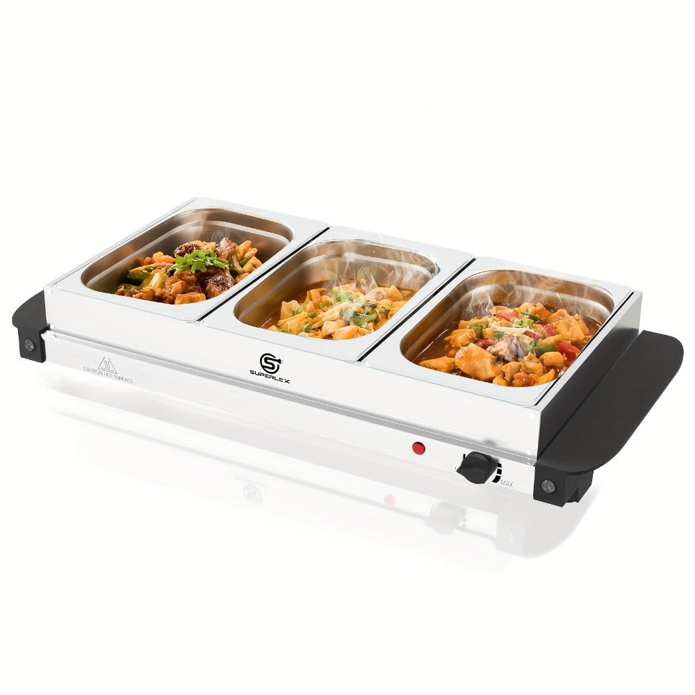 SUPERLEX Servidor Eléctrico de Bufé con Calentador de Comida, que Cuenta con Tres Ollas de 1.5L, un Diseño Espacioso de Acero Inoxidable, una Placa Caliente con Tapas Desmontables, Ajustes de Temperatura Ajustables y un Bandeja de Calentamiento Portátil p