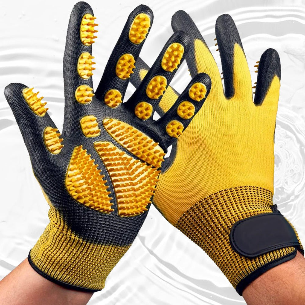 Guantes para baño y aseo de mascotas - Guantes para deshacer pelaje aptos para mascotas con pelo largo y corto, eficaces para eliminar el pelo de gatos, perros y caballos (Amarillo)