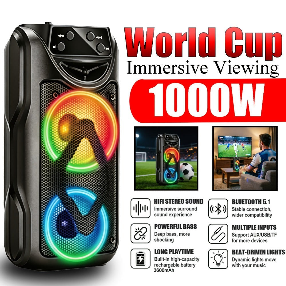 Altavoz Bluetooth portátil de mano, altavoz estéreo sin varillas compacto con luces RGB coloridas, altavoz de viaje con graves potentes y múltiples modos de reproducción para fiestas en interiores y exteriores y partidos de fútbol