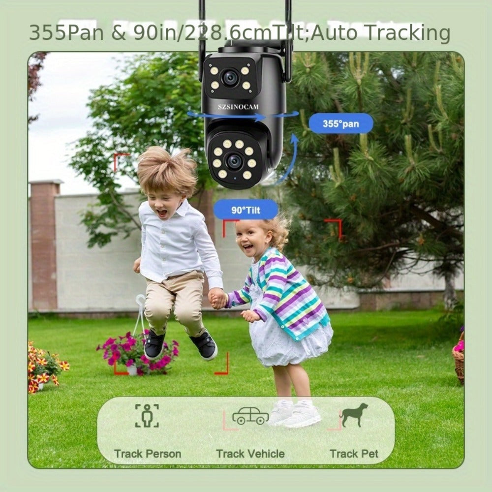 Cámara IP inalámbrica PTZ para exterior SZSINOCAM IP66 con WiFi 2.4G, lente dual y pantalla 1080P, audio bidireccional, seguimiento automático para ancianos, jóvenes y mascotas - Monitor de seguridad