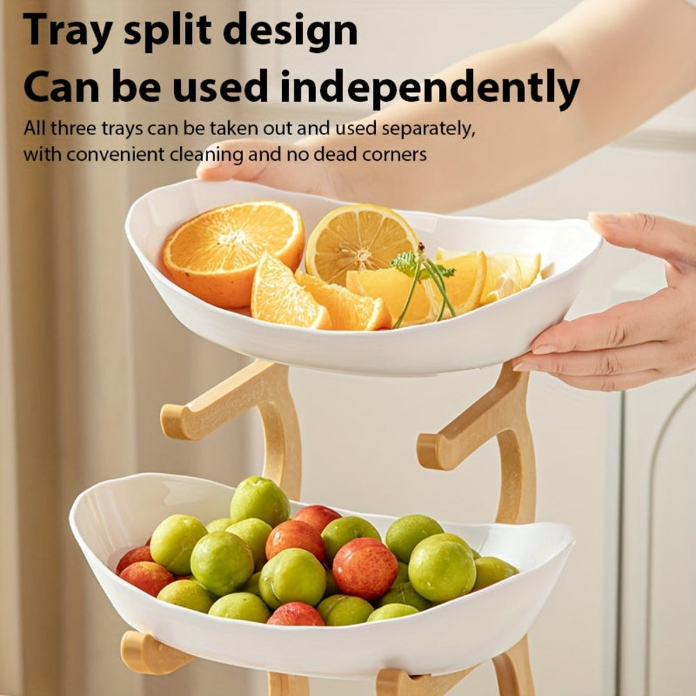 Cesta de frutas blanca de 3 niveles con gran capacidad, plato de frutas de plástico, soporte para pasteles y dulces, diseño en capas para frutas, soporte de bambú y madera, ahorra espacio, adecuado para aperitivos y bandeja de dulces para el hogar