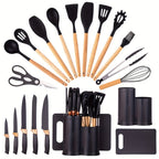 Juego de 19 piezas de cuchillos de cocina modernos y utensilios de cocina - Colección de hojas profesionales con mangos ergonómicos - Accesorios de cocina de alta calidad con soporte de almacenamiento - Herramientas de corte de espiga completa y esenciale