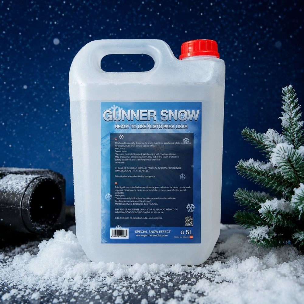 Gunner Smoke Líquido para Máquina de Nieve, 5 Litros, Máxima Eficiencia, Seguro, Sin Restos, Ideal para Eventos, Fiestas, Decoraciones Navideñas, 5L