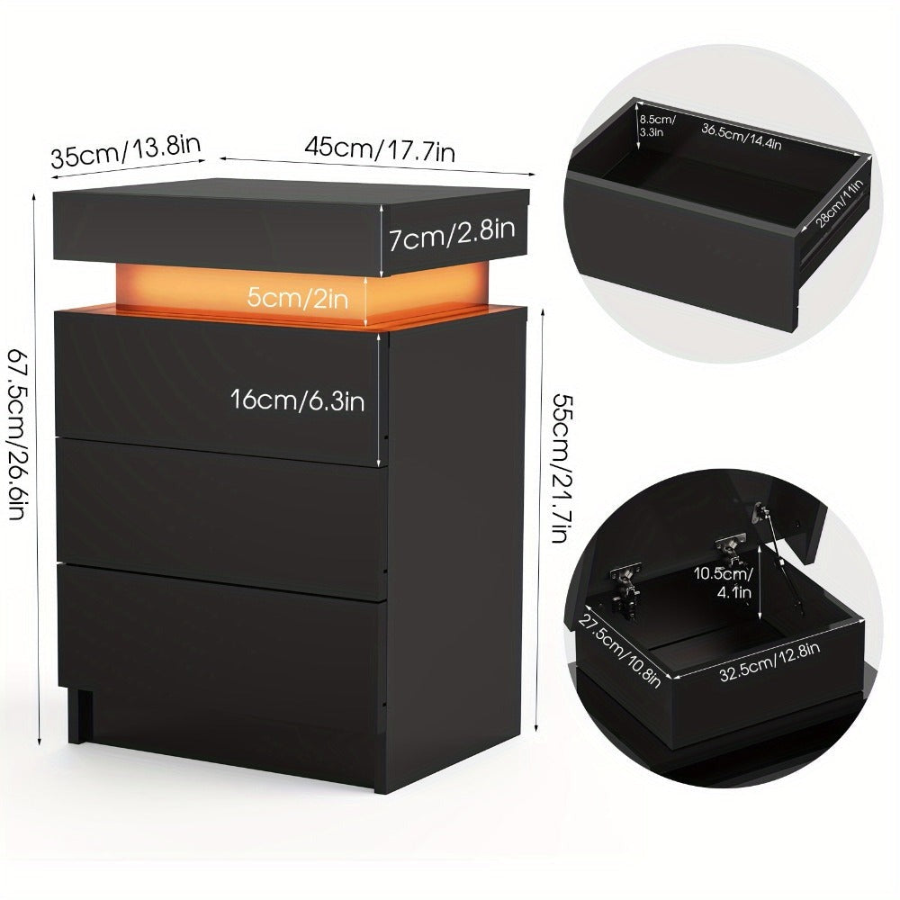 Mesita de noche LED con 2/3 cajones y 1 cajón superior, mesita de noche con brillo intenso en 4 lados, colores LED RGB, mesita auxiliar para dormitorio, sala de estar, muebles para el hogar, negro