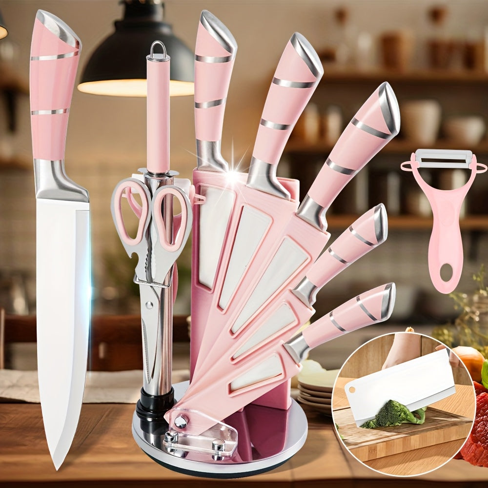 Juego de cuchillos de cocina | Juego de 9 cuchillos de cocina con soporte, cuchillos de acero inoxidable, resistentes y duraderos, juego de