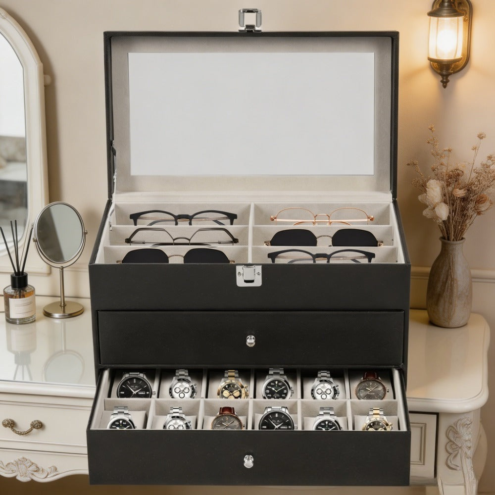 Estuche organizador de 3 capas y 24 ranuras para gafas de moda y relojes para mujer y hombre - Portagafas de exhibición y almacenamiento de múltiples gafas de moda con cajón, tapa de cristal y lazo para exteriores