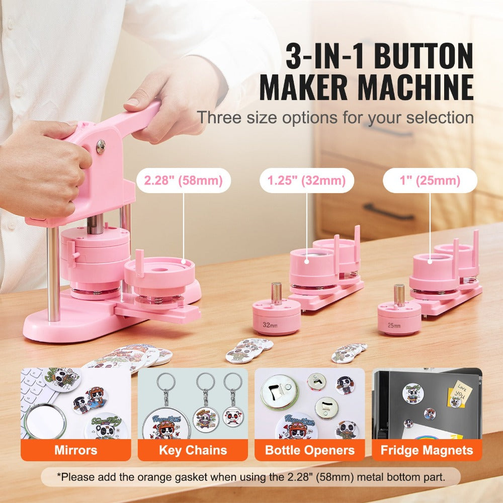 Máquina para hacer botones VEVOR, 1/1.25/2.28 pulgadas (25/32/58 mm) 3-en-1 para hacer pines, 300 piezas para botones, máquina para hacer botones con libro mágico de Panda, kit de prensa de perforación con mango en arco ergonómico, para regalos de bricola