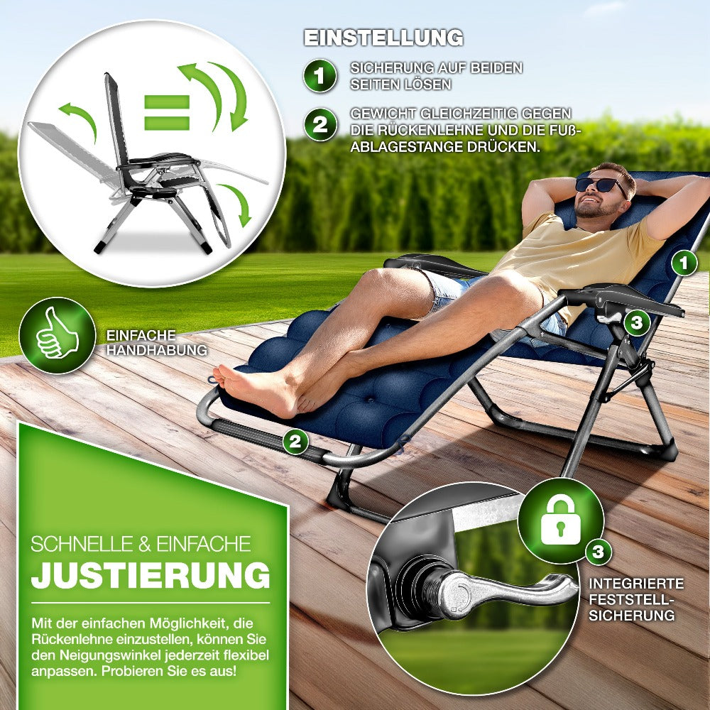 Tillvex® Tumbona Reclinable Plegable hasta 200Kg, Sillón de Sol para Jardín Exterior, Resistente a la Intemperie para Balcón, Jardín y Terraza, Ajustable con Acolchado Grueso, Reclinable, Extra Ancha, con Soporte para Bebidas