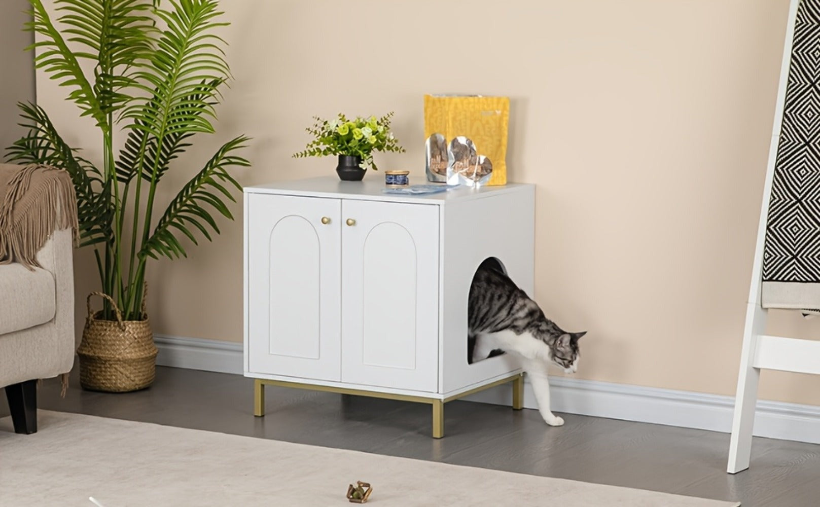 Gabinete para Gatos, Caja de Arena para Gatos, Casa para Gato con Puerta, Mesa Auxiliar de Madera para la Casa del Mascota, 50 X 60 X 61cm, Gabinete Estable para Gatos, Blanco y Dorado