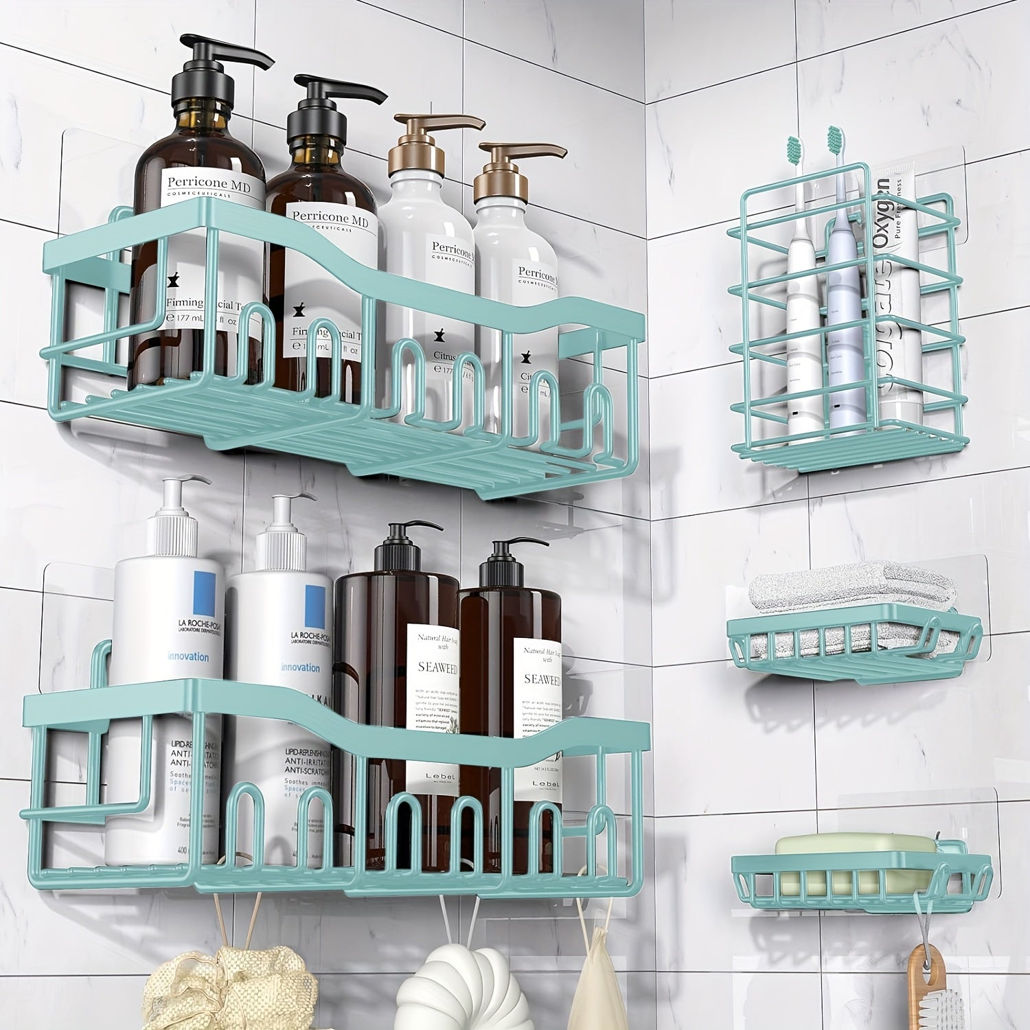 Organizador de ducha adhesivo, paquete de 5 organizadores de baño de acero inoxidable inoxidable a prueba de óxido de gran capacidad, estantes sin taladrar para almacenamiento de baño y decoración del hogar, propiedades de color aleatorio a elegir, organi