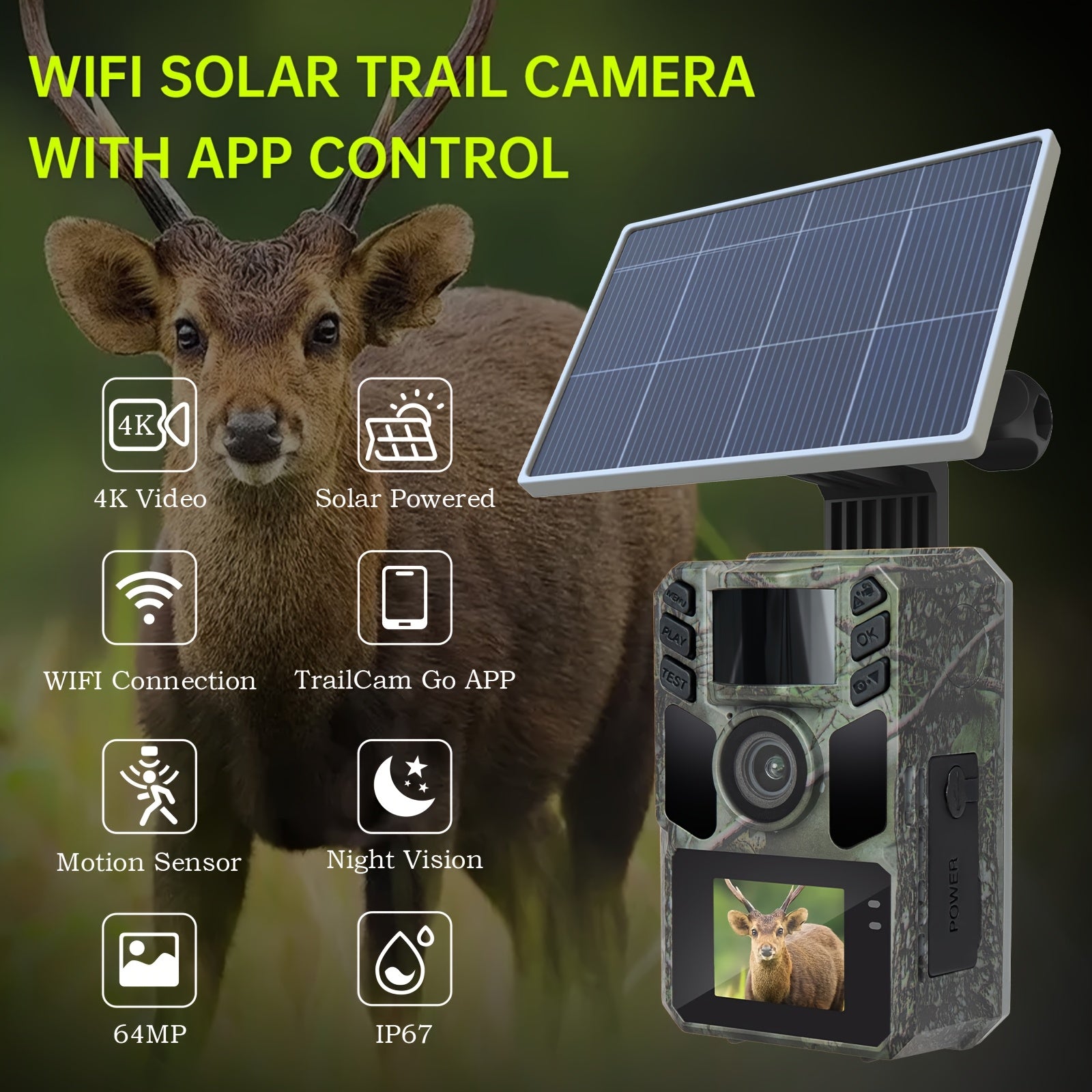 Cámara de Rastreo WiFi Solar - Cámara Recargable con Batería Integrada 5000mAh - 4K 64MP para Monitoreo y Observación del Medio Ambiente, Visión Nocturna, Compatible con Tarjeta de Memoria hasta 64GB e IP67 a Prueba de Agua (Versión sin Wifi)