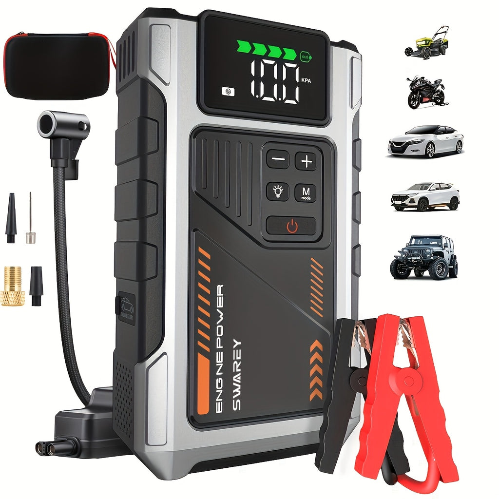SWAREY 12000Mah Arrancador de Coche con Batería Externa y Compresor de Aire de 150PSI, 6000A Impulsores de Batería de Coche 12V con Inflador de Neumáticos, con Pantalla LCD, Batería Externa Arrancadora (7.5L Gas/6L Diésel), Luz LED