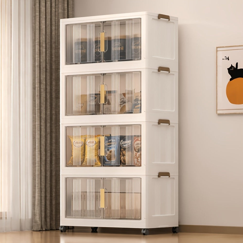 Armario de almacenamiento plegable extragrande de 74 cm con ruedas, puertas magnéticas y paneles transparentes, unidad organizadora de plástico apilable para dormitorio, sala de estar, oficina, despensa y documentos