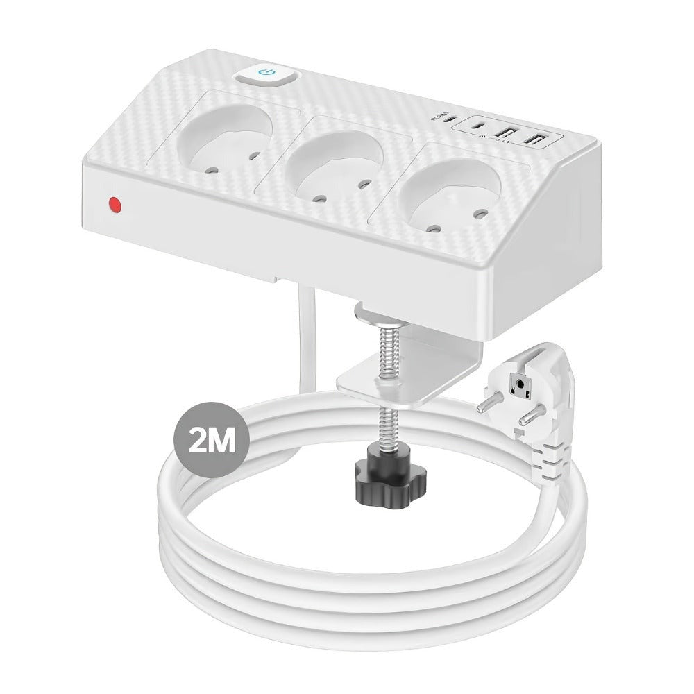 Tira de escritorio multifuncional 7 en 1 con carga rápida USB-C PD20W, toma de mesa con protección contra sobretensiones HAFINO en o blanco con 2 puertos USB-A, 3 tomas de CA y cable de extensión de 2 metros para uso en hogar y oficina, 1 pieza