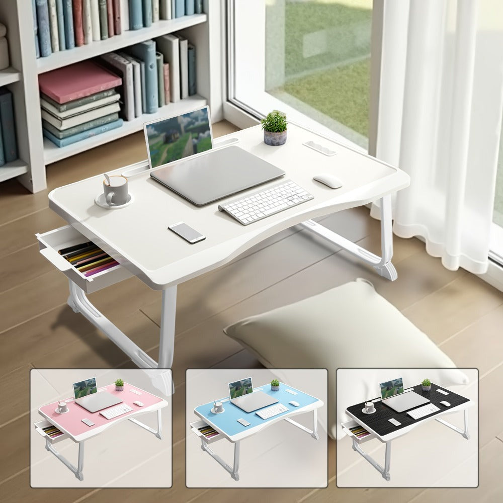 Mesa de escritorio para laptop, mesa portátil para laptop con asa, ranura para tarjetas/tazas, cajón lateral, soporte portátil para notebook para comer, leer, trabajar, acampar, cajón lateral para sofá (Negro, Rojo, Blanco, Azul)