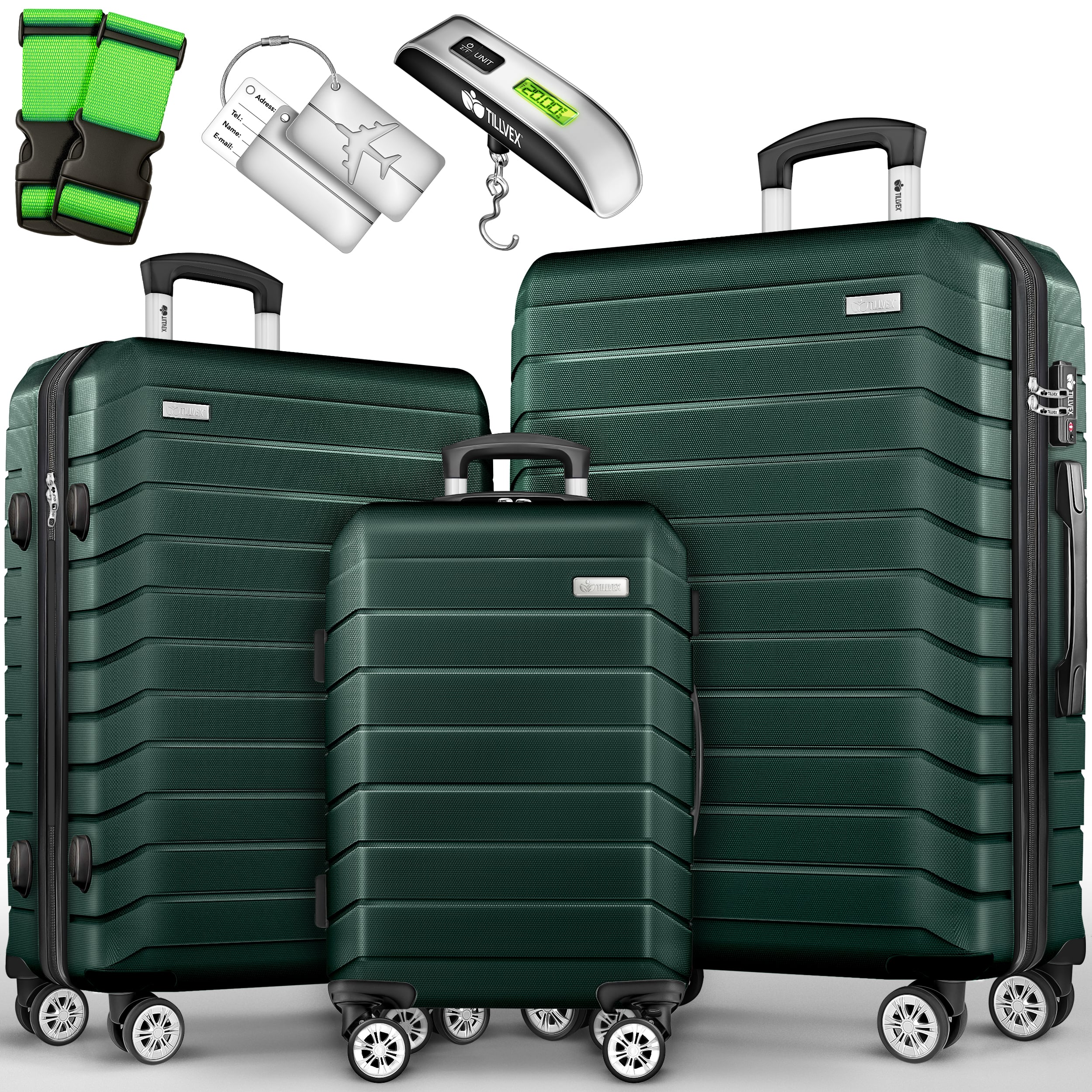 Tillvex® Juego de Equipaje de Viaje con Báscula, Correas y Etiquetas | Maleta de 4 Ruedas | Equipaje con Candado TSA | Juego de Maletas de Carcasa Dura