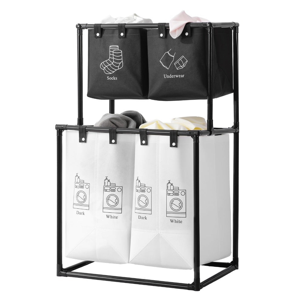 Cesta de Ropa Plegable Doble Capa con 4 Bolsas Desmontables, Cesto Multifuncional Ahorrador de Espacio, Material Duradero, Diseño Enrollable, Fácil Instalación, Estilo Minimalista Moderno, Ideal para Dormitorio, Baño y Cocina, Organizador Multifuncional,D