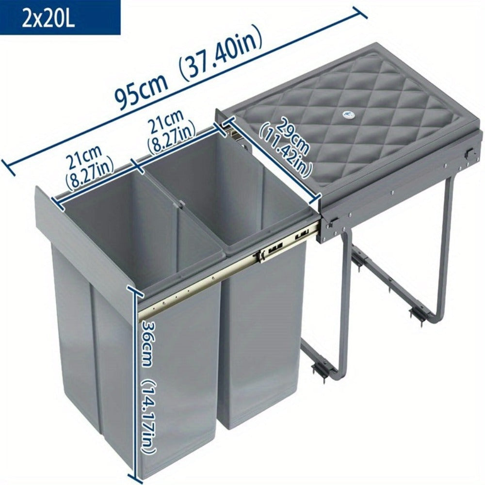 Cubo de Basura Empotrado Debajo del Gabinete, Contenedor de Residuos de Cocina, Recogedor de Basura Extensible, Sistema de Separación de Residuos con Rieles Telescópicos, Gris