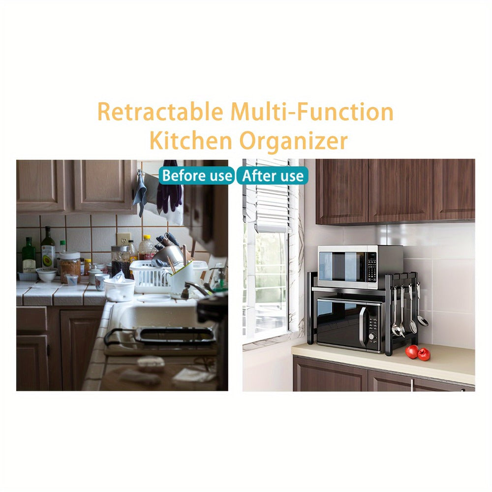 Estante de microondas extensible, estante de microondas de 2 niveles con 3 toallas, 5 ganchos, soporte para palillos y estante para tabla de cortar, organizador de cocina, estante para hornear en microondas, encimera, extensible de 40-64 cm (Negro, Blanco