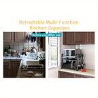 Estante de microondas extensible, estante de microondas de 2 niveles con 3 toallas, 5 ganchos, soporte para palillos y estante para tabla de cortar, organizador de cocina, estante para hornear en microondas, encimera, extensible de 40-64 cm (Negro, Blanco