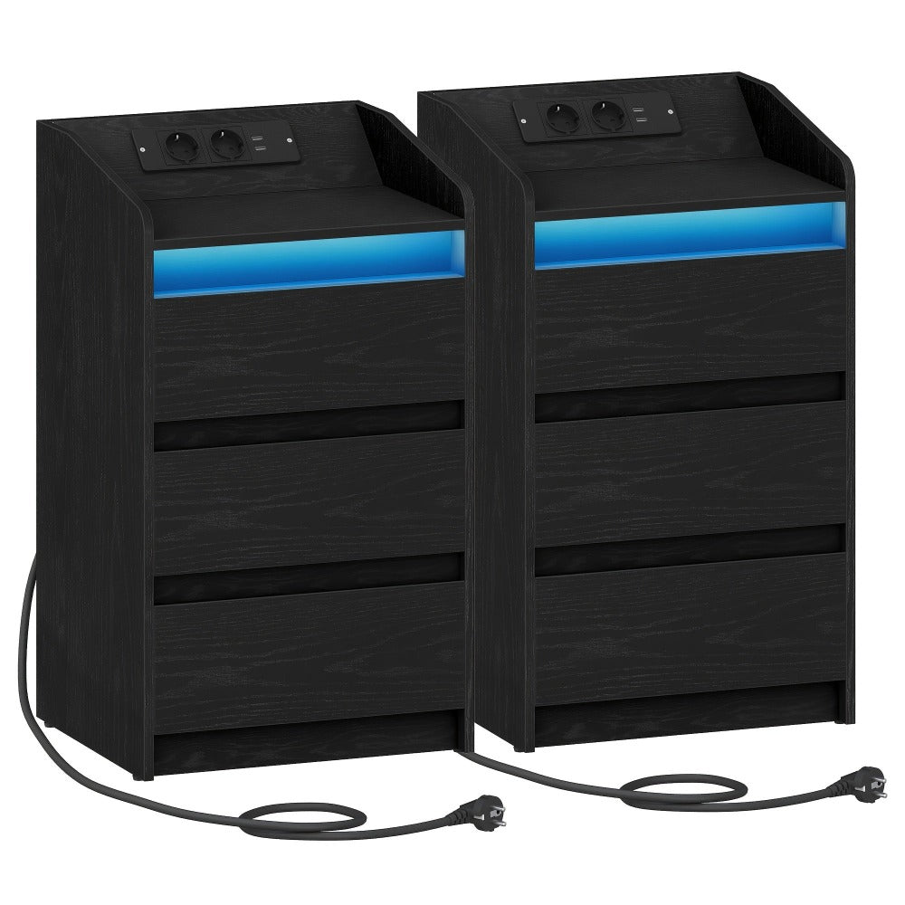 Juego de 2 Cajoneras con 3 Cajones, Mesa Auxiliar con Estación de Carga y LED, 2 Tomas de Corriente y 2 Puertos USB, Almacenamiento para Dormitorio, Libros y Artículos Varios en Sala y Dormitorio, Organización y Almacenamiento, Unidades de Cajones