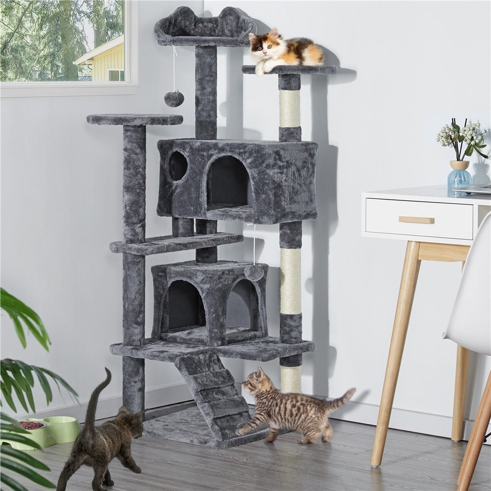 Costoffs Poste para Rascar de Gatos de 138 cm, Árbol Resistente con Pelota de Juego y Cueva para Gatos, Torre de Rascado y Escalada para Gatos, Casa para Gatos