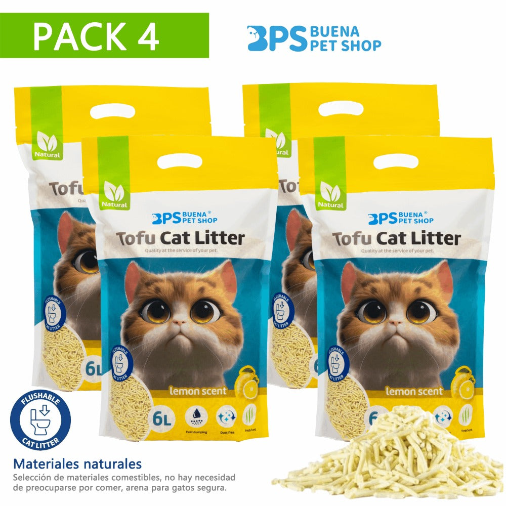 PACK 4 Arena para Gatos AGROMERANTE Arena de Tofu BPS para Gatos sin Polvo Fácil de Aglomerar Controla los Olores se Lanza en el Inodoro 4Pcs aglomera 6L