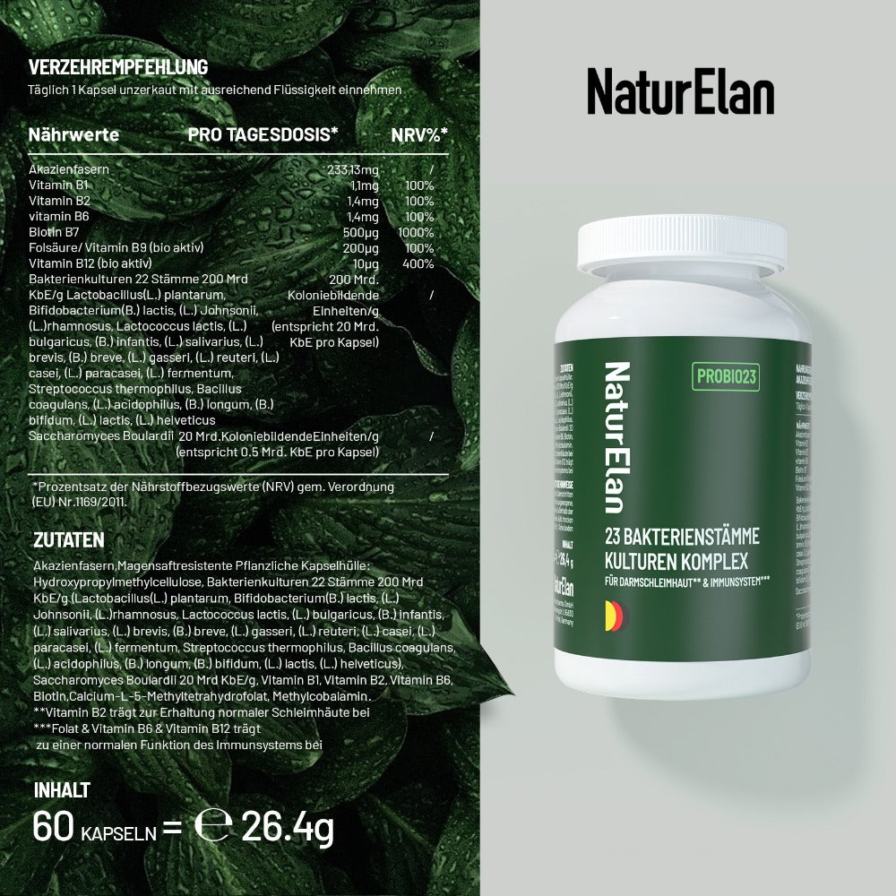 Cápsulas de cultivos probióticos complejos, 23 cepas bacterianas con complejo B activo y fibra de acacia, resistentes al ácido estomacal, veganas, 20,5 mil millones de UFC/dosis diaria, fabricadas en Alemania, 60 cápsulas, Naturelan