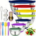 Juego de 22 piezas/10 piezas de ensaladeras avanzadas de acero inoxidable con tapa, base de silicona mejorada, grupo de ensaladeras apilables, aptas para lavavajillas, 5L, 4.5L, 4L, 2.4L, 1.7L, 1.3L, 0.8L, paquete mixto, ensaladeras para preparación de co