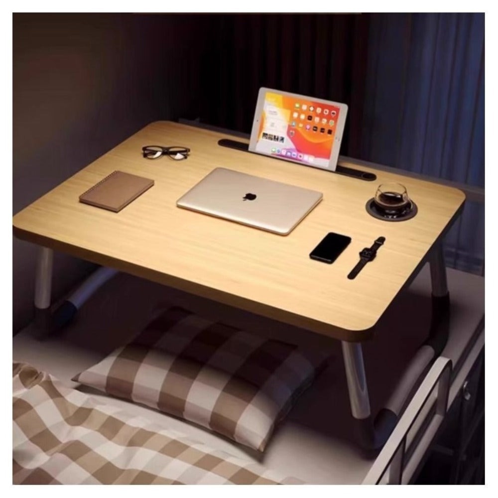 Mesa plegable multifunción para cama y sofá con portavasos, 60×40×28 cm, mesa auxiliar con atril para leer en la cama, bandeja multifunción para ordenador, libros, trabajo y estudio en casa (con cajón / sin cajón)