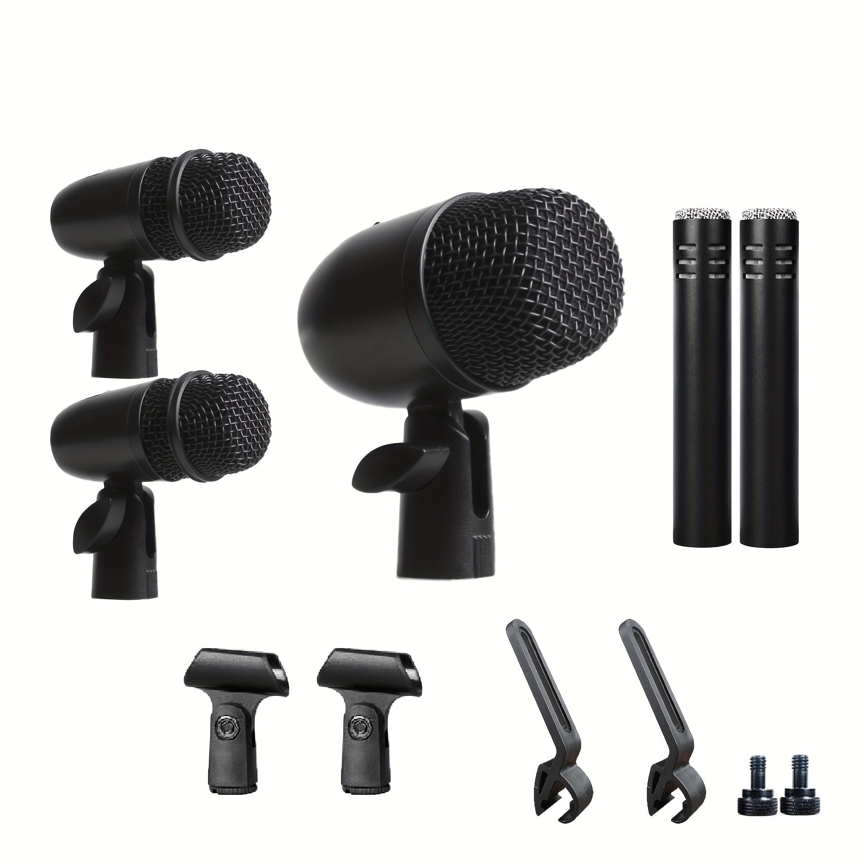 Juego de 7 micrófonos dinámicos de metal para batería - Adecuados para grabación profesional de batería con micrófonos para bombo, tom/snare y platillos, equipados con pinzas para micrófono