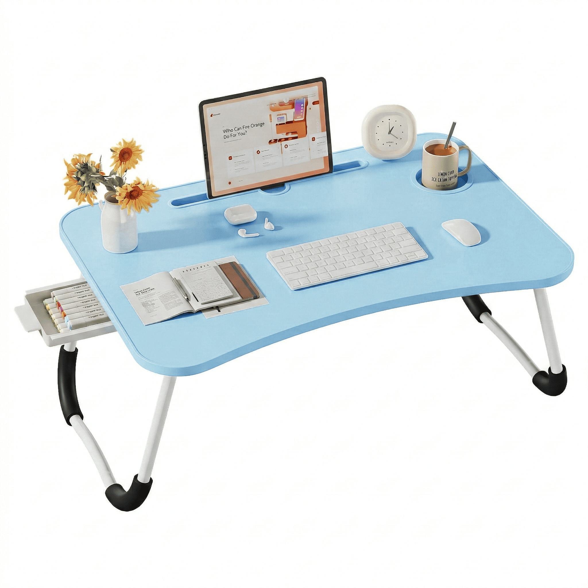 Mesa plegable multifunción para cama y sofá con portavasos, 60×40×28 cm, mesa auxiliar con atril para leer en la cama, bandeja multifunción para ordenador, libros, trabajo y estudio en casa (con cajón / sin cajón)