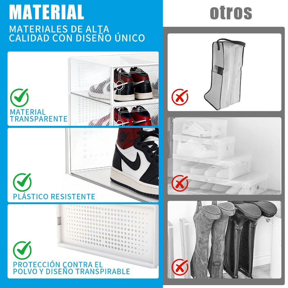 VORTEX Pack Organizador de Calzado Cajas de Zapatos Blancas y transparentes Apilables con Apertura Frontal，Sistema Antivuelco y Ventilación