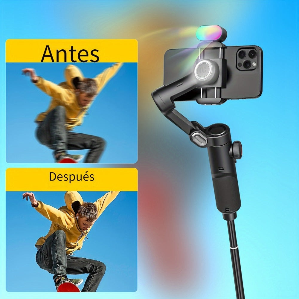 Estabilizador cardán AOCHUAN en forma de 7 de 3 ejes para smartphone, aplicación AOCHUAN, antivibración, enfoque/zoom de precisión, seguimiento de rostro/objeto, varilla plegable extensible de 73 cm, luz RGB, múltiples modos de fotografía, adecuado para v