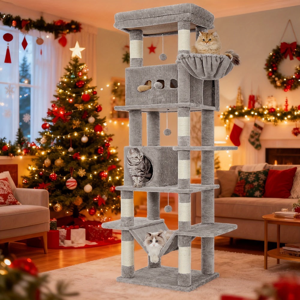 Rascador grande, árbol para gatos de 210 cm, con 8 postes rascadores, posadero, 2 cuevas, tapete lavable, hamaca, pelotas de felpa, rascador de varios pisos para gatos grandes, gris claro, gris oscuro