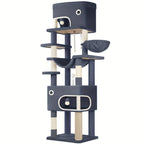 Árbol para Gatos, 203 cm con Plataforma Grande, Cueva Doble, 7 Postes Rascadores Pomponas Reposadería Hamaca Adecuado Para Todo TipodeGato Gris Claro/grisescuro Beige