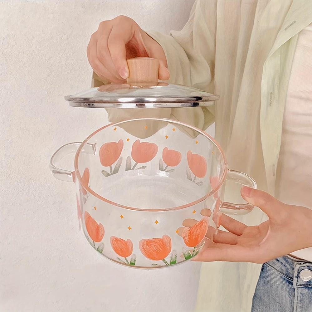 1 pieza de olla de vidrio con estampado de tulipán para sopa, 1500ml/50.7oz. Hecha de vidrio de borosilicato, adecuada para estufas de gas, estufas portátiles, estufas de cartucho, cerámicas eléctricas, no apta para cocinas por inducción, ollita pequeña c