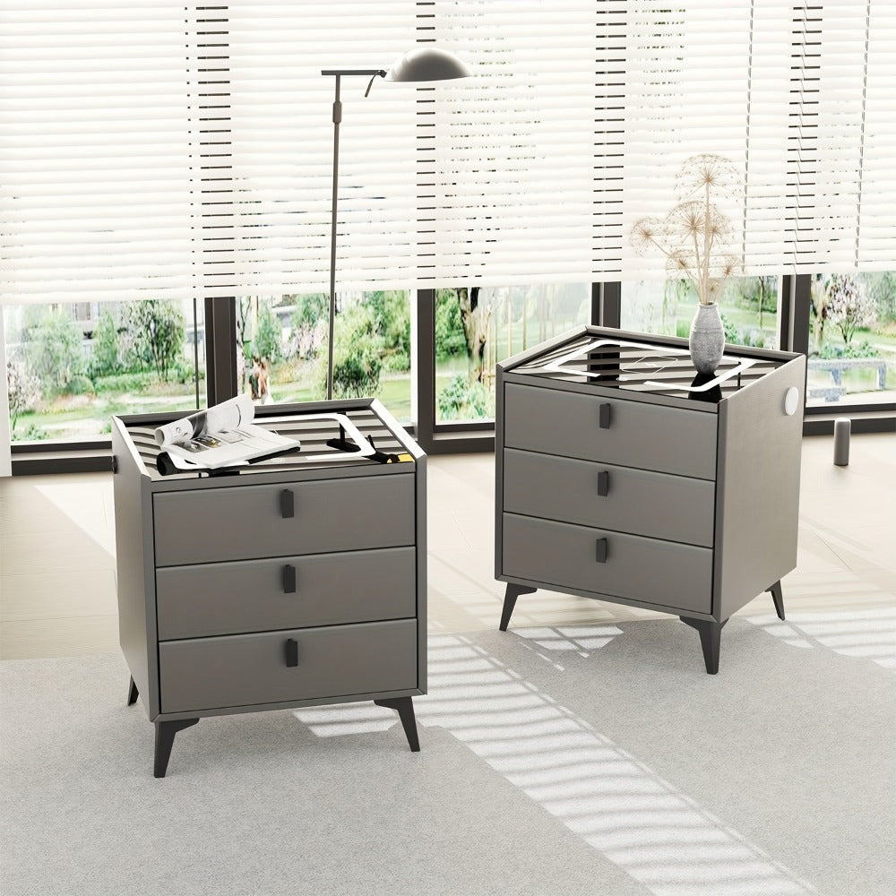 Mesita de noche inteligente gris, negra y blanca, con luz LED, 3 cajones, cómoda para sala de estar/dormitorio