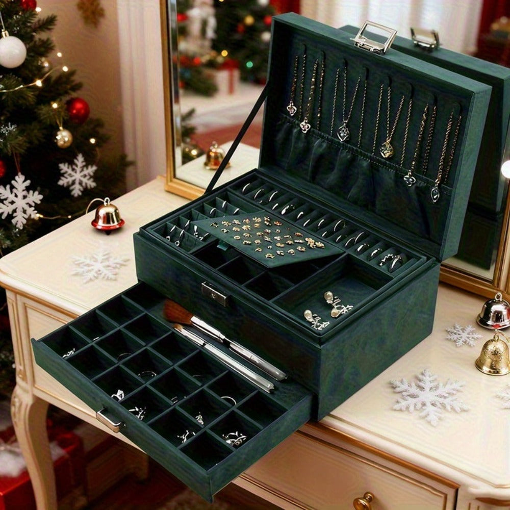 Caja Organizadora de Joyas de 3 Niveles con Cerradura de Llave - Compartimentos Forrados en Terciopelo Suave, Ideal para Aretes, Collares, Pulseras, Anillos - Caja de PU en Tono Pastel, Diseño Retro, Regalo Perfecto para (Navidad, Bodas), Cajas de Joyería