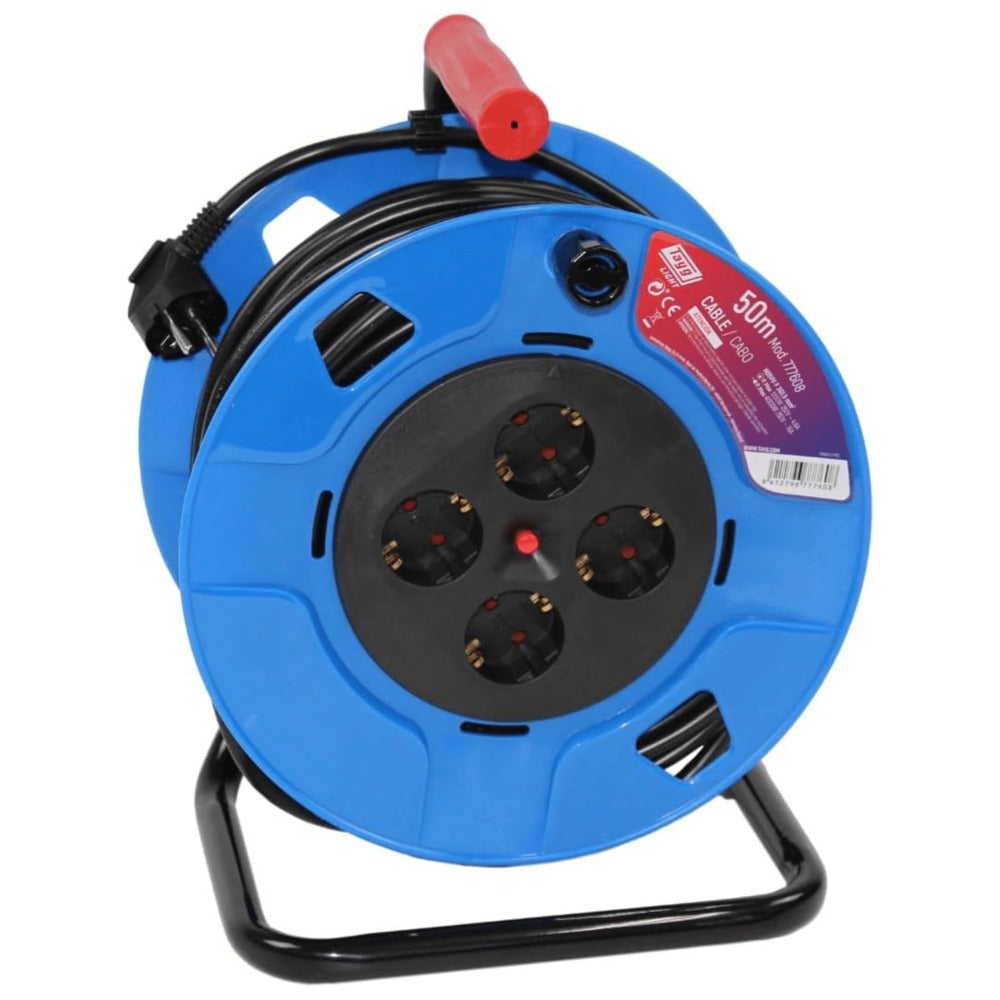 Tayg Extensible Eléctrico Plástico – Enrollacables Azul/Negro con 4 Enchufes, Uso Interior/Exterior