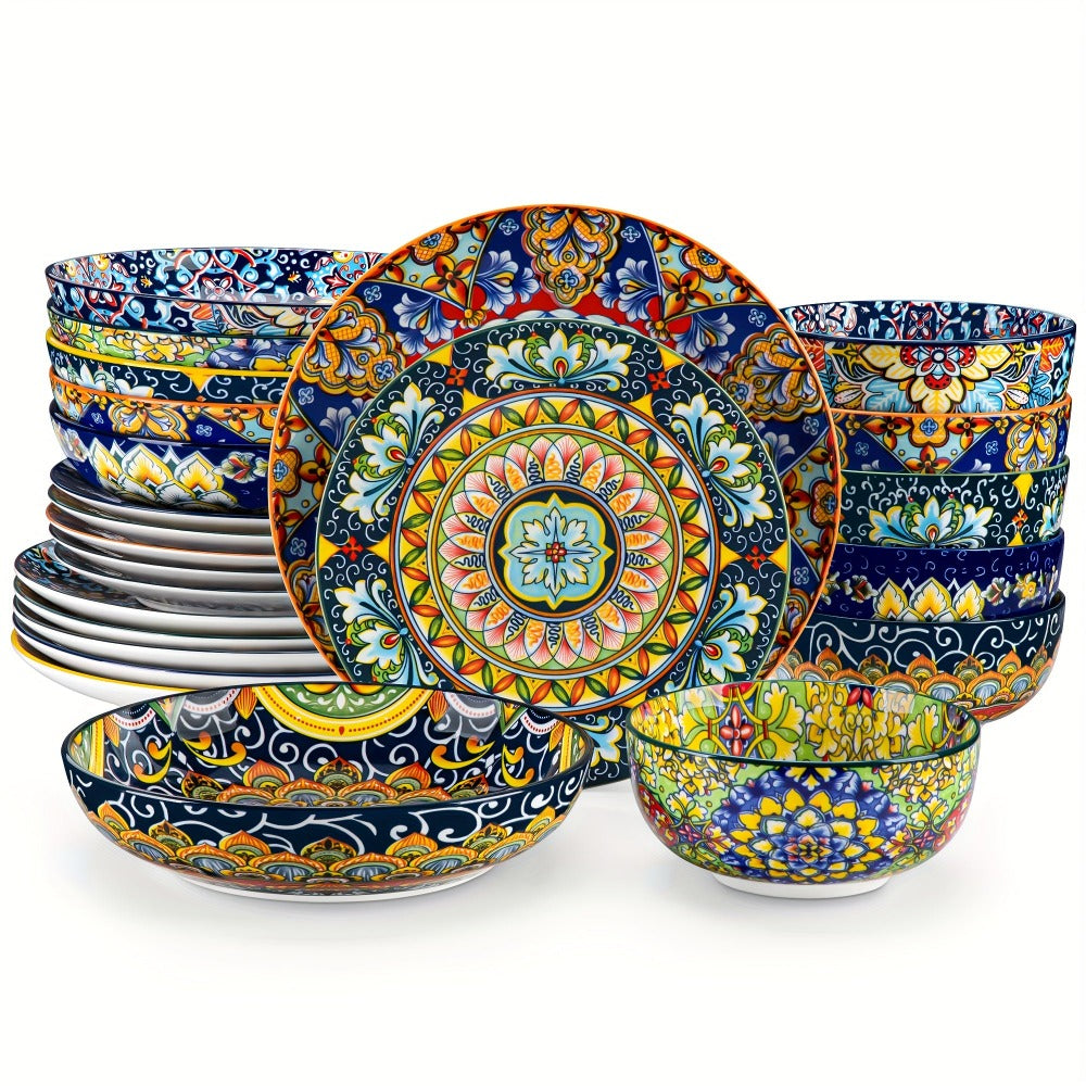 Juego de vajilla de estilo bohemio de 24 piezas, patrón de doble cara, juego de porcelana con platos, platos de postre, tazones para cereales, tazón para pasta, servicio para 6 personas