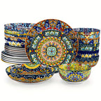 Juego de vajilla de estilo bohemio de 24 piezas, patrón de doble cara, juego de porcelana con platos, platos de postre, tazones para cereales, tazón para pasta, servicio para 6 personas