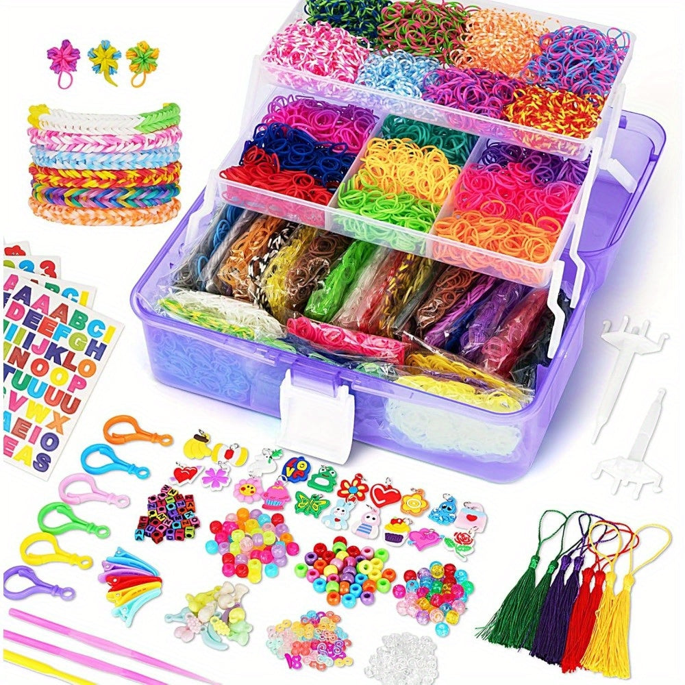 Un kit para hacer pulseras de gomas elásticas con 40 colores y más de 18,000 gomas elásticas, completo con un contenedor de tres capas. Es perfecto para manualidades, incluyendo pulseras y collares, y es un gran regalo para Navidad.